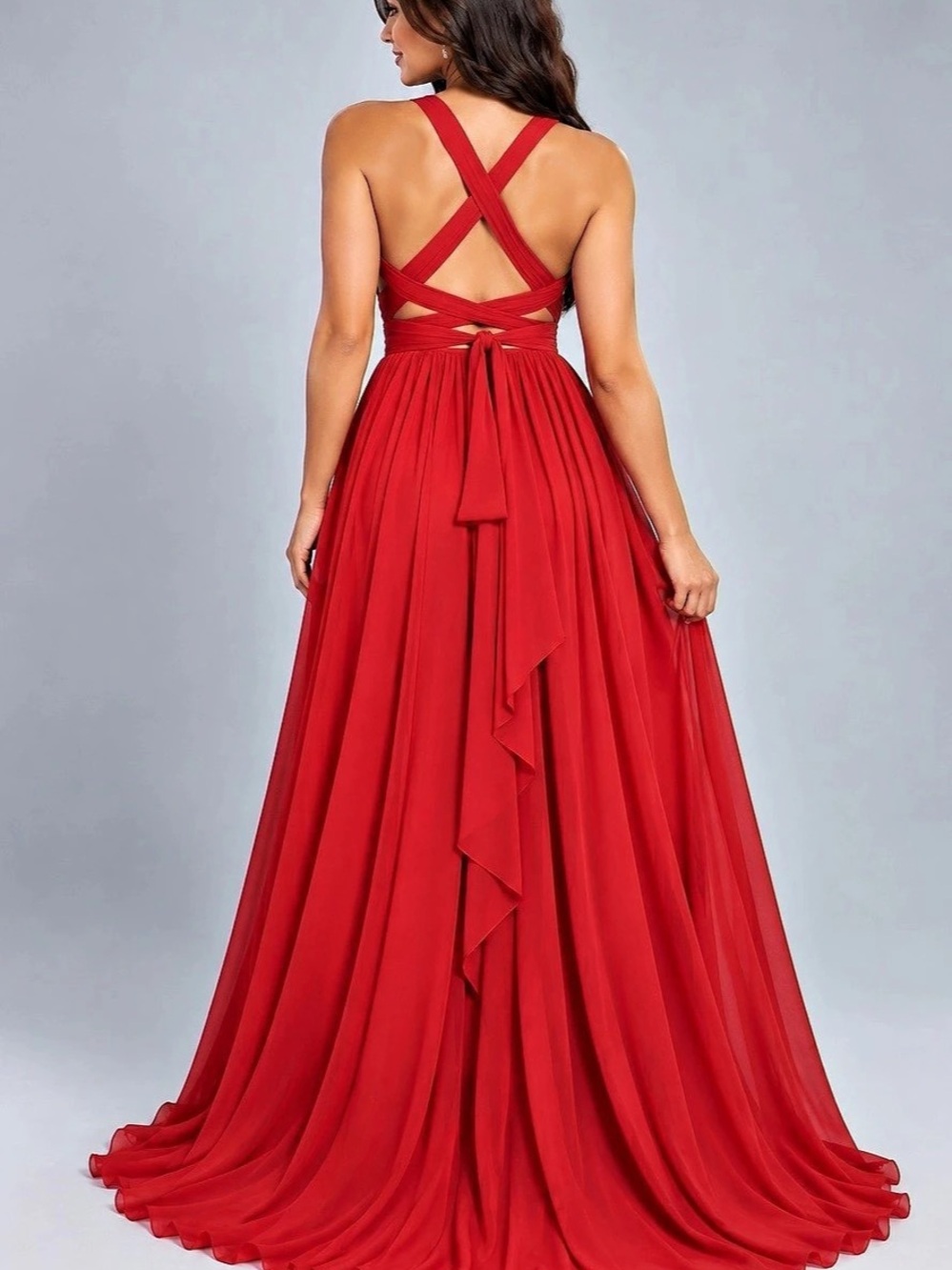 Bari Jay Red Chiffon Convertible Cross-Back Formal Maxi Gown Sz 16 - Picture 2 of 7
